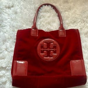 Tory Burch dark red velvet logo handbag perfect condition, expandable sides